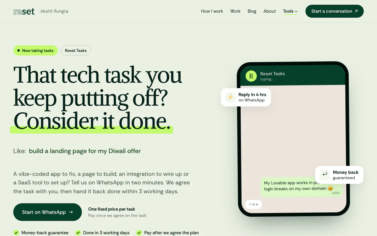 Reset Tasks, a product built with AI